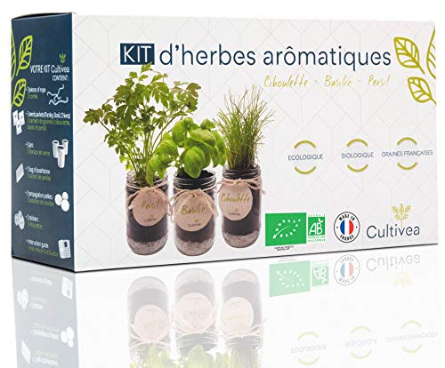 Cultivea® Kit Prêt à Pousser d’Herbes Aromatiques – Graines 100% Bio – Made in France – Jardin Potager d’intérieur – Plante (Basilic, Persil et Ciboulette) – Idée Cadeau