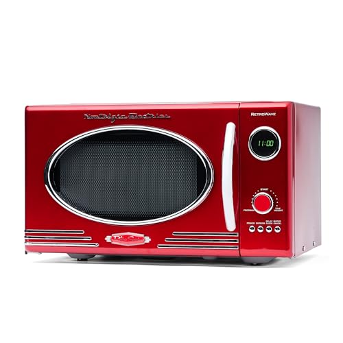 Nostalgia Four à Micro-Ondes de Comptoir Rétro – Grand 800 Watts – 25,4 L – 12 Réglages de Cuisson Préréglés – Horloge Numérique – Appareils de Cuisine – Rouge
